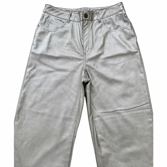 Zara Metallic Silver Pants Size Medium Faux Leather Look - Picture 6 of 9